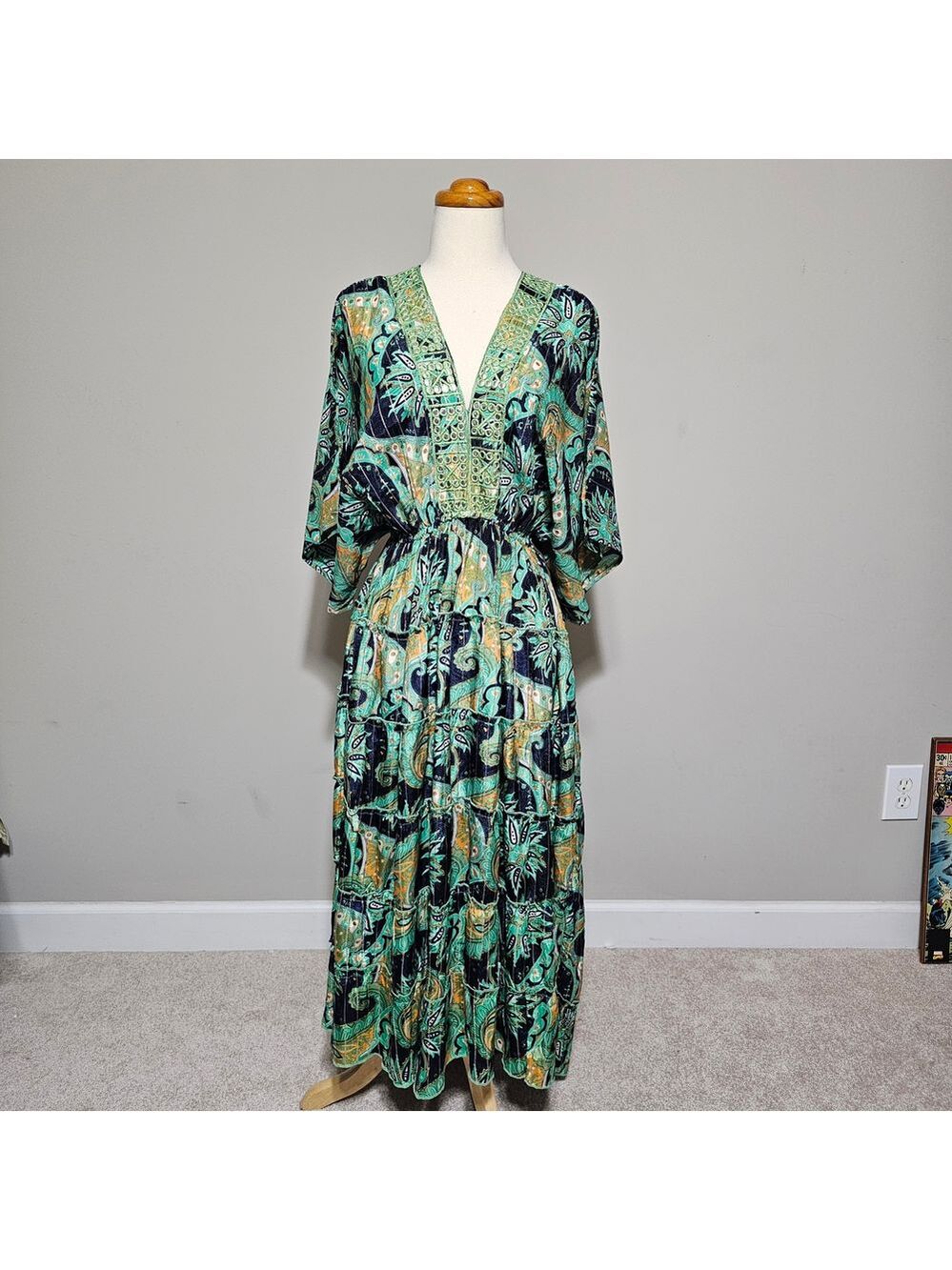Turquoise Paisley Boho Maxi Dress Kimono Sleeves Small